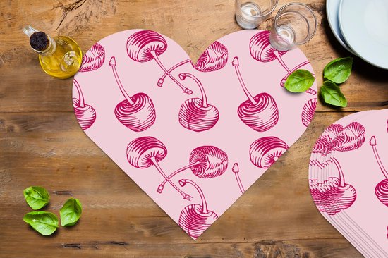 Napperons de table - Sets de table - Napperons coeur - Vintage - Cerises - Motifs - Rose - 10 pièces