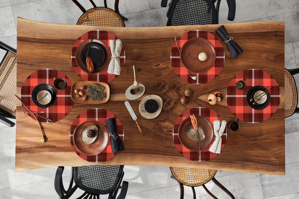 Ronde placemats - Onderlegger - Placemats rond - Schotse ruit - Plaid - Rood - Patronen - 6 stuks