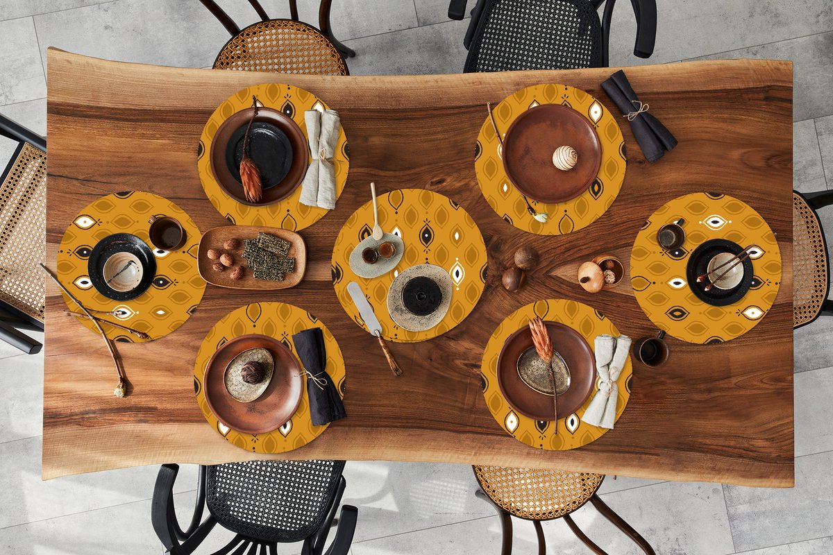 Ronde placemats - Onderlegger - Placemats rond - Okergeel - Bohemian - Design - 8 stuks
