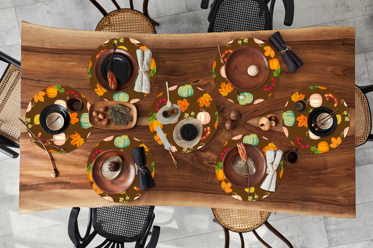 Ronde placemats - Onderlegger - Placemats rond - Herfst - Pompoenen - Patronen - 8 stuks