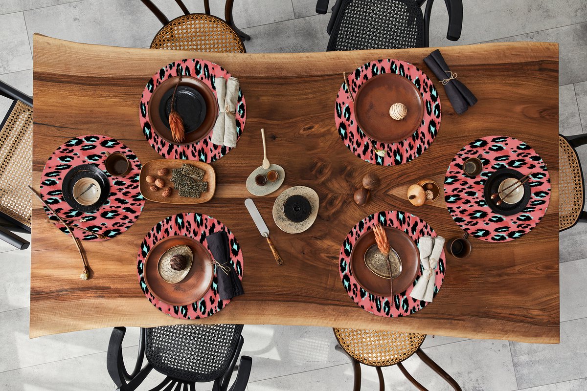 Ronde placemats - Onderlegger - Placemats rond - Panterprint - Roze - Blauw - Patroon - 6 stuks