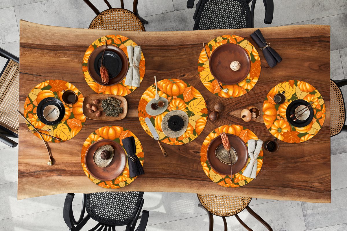 Ronde placemats - Onderlegger - Placemats rond - Herfst - Patroon - Pompoen - 10 stuks