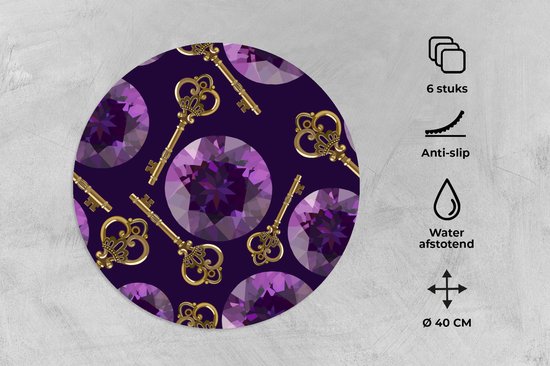 Sets de table ronds - Dessous de verre - Napperons ronds - Pierre précieuse - Motifs - Or - Clé - 6 pièces