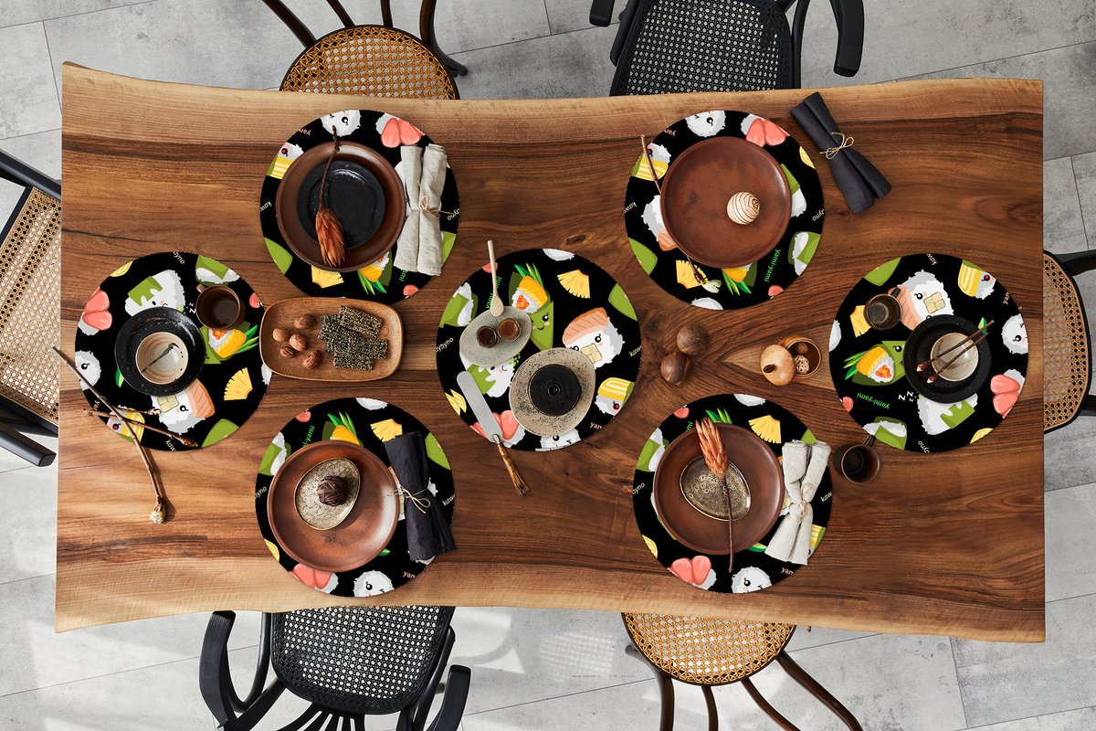 Ronde placemats - Onderlegger - Placemats rond - Kawaii - Sushi - Patronen - 8 stuks