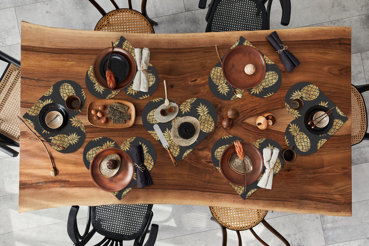 Onderleggers - Placemats - Placemats hartje - Ananas - Goud - Luxe - Patronen - 8 stuks