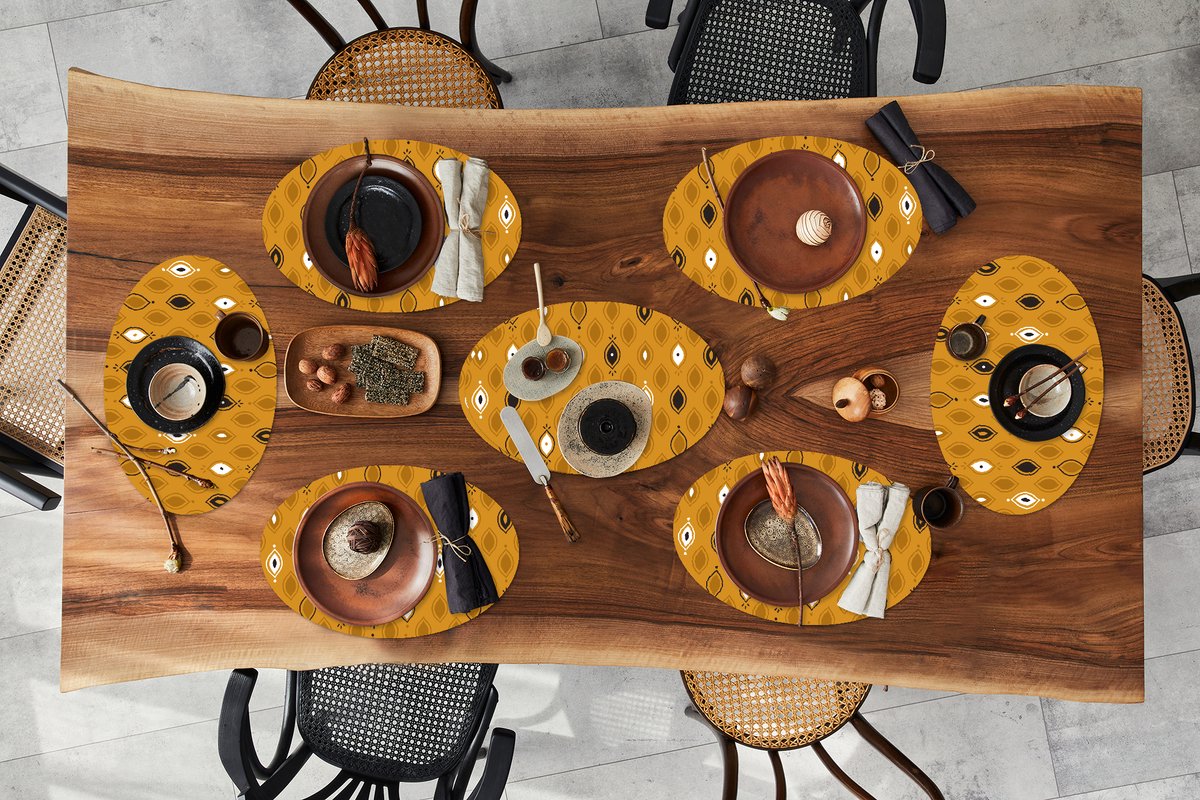 Placemats ovaal - Onderleggers - Ovale placemats - Okergeel - Bohemian - Design - 8 stuks
