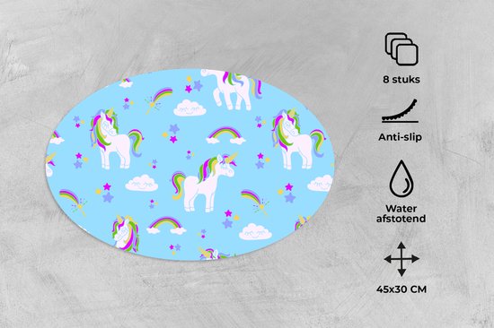 Napperons ovales - Sets de table - Sets de table ovales - Unicorn - Arc-en-ciel - Motifs - Enfant - 8 pièces