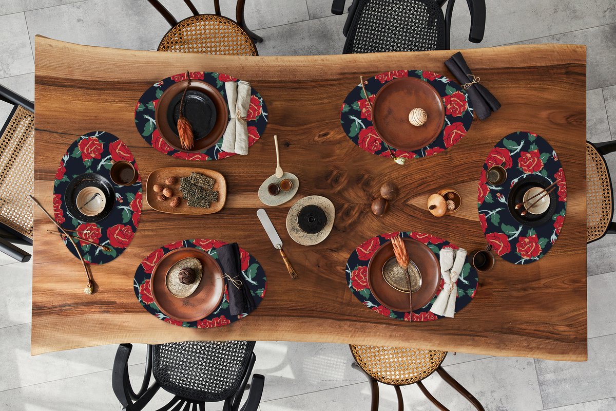 Placemats ovaal - Onderleggers - Ovale placemats - Rozen - Bloem - Patroon - Rood - 6 stuks