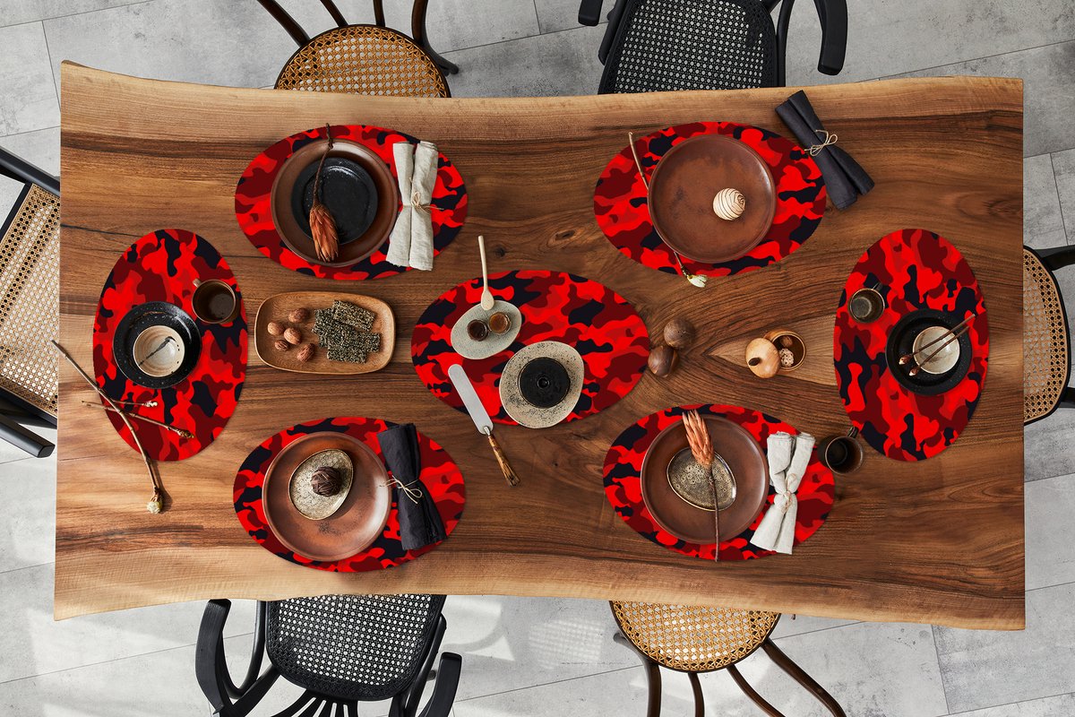 Placemats ovaal - Onderleggers - Ovale placemats - Camouflage - Rood - Patronen - 8 stuks