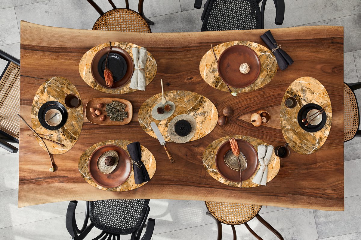 Placemats ovaal - Onderleggers - Ovale placemats - Kristallen - Geel - Graniet print - Wit - 8 stuks