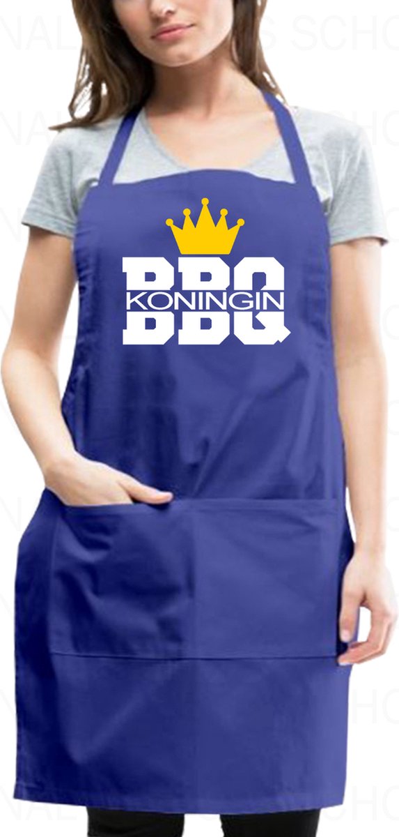 BARBEQUE KONINGIN schort - Blauw met wit - Verstelbaar - Wasbaar - One Size (volwassenen) - Cadeau - Grappige teksten | designs - Original Kwoots - Grill master - BBQ - Apron