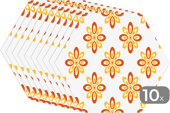 Napperons de table hexagon - Sets de table - Set de table hexagone - Motif - Années 70 - Fleurs - Oranje - 10 pièces