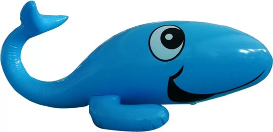 Blauwe opblaasbare walvis sproeier.
