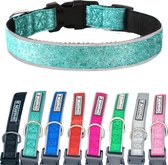 Sharon B - glitter halsband - turquoise - maat L - reflecterend - met neopreen binnenvoering - voor grotere honden