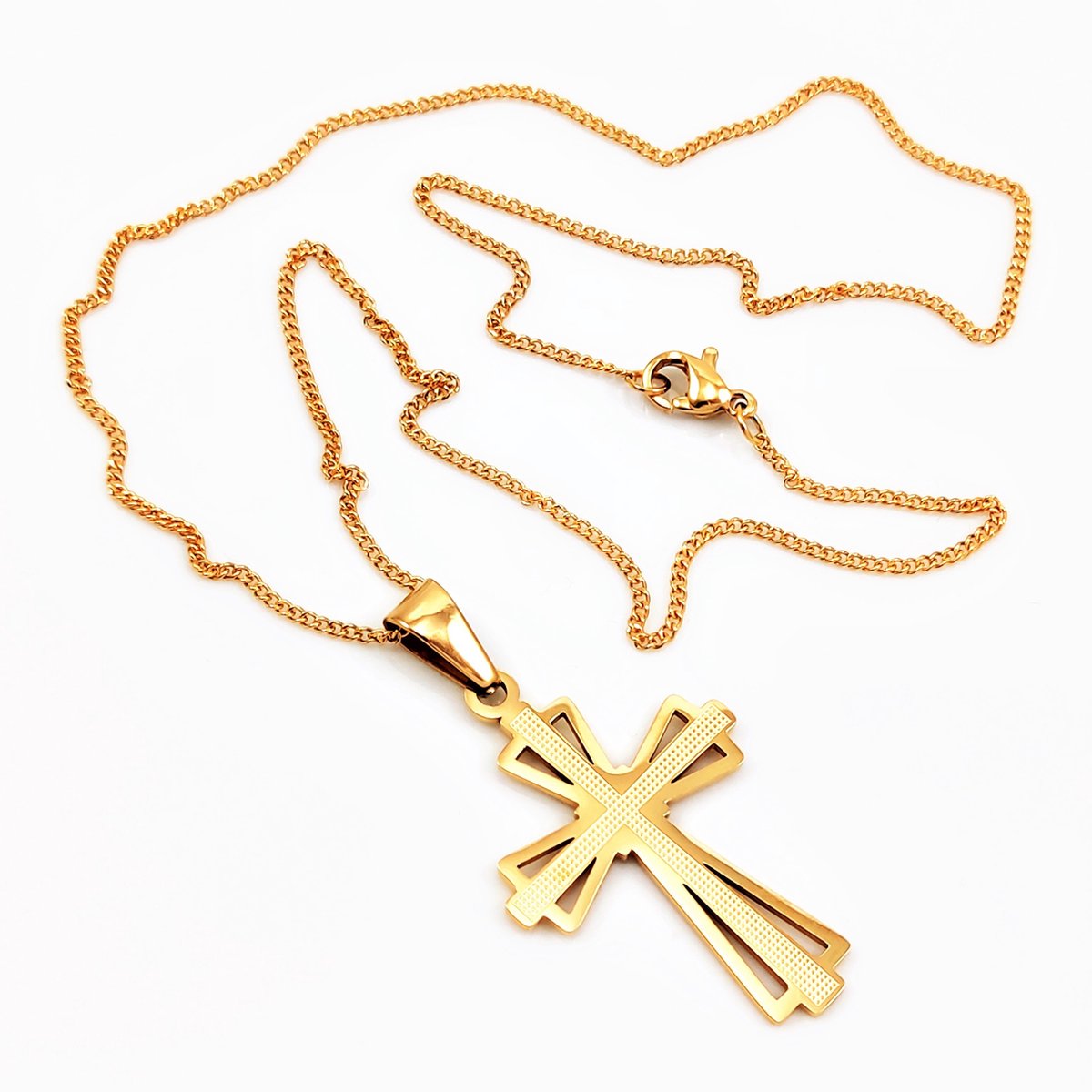 Vergulde Roestvrijstalen Klassieke Ketting + Kruis