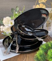 Service de vaisselle en porcelaine Selinex noir avec bord argenté 6 personnes, 25 pièces