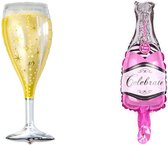 DW4Trading Folieballon Champagnefles en Glas - Feesten en Partijen - 50x94 cm - Roze/champagne