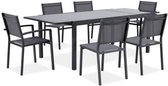 Tuinset 6 tot 8 personen - Uitschuifbare aluminium tafel 180-240 cm + 6 aluminium stoelen en textileen zitting - Grijs