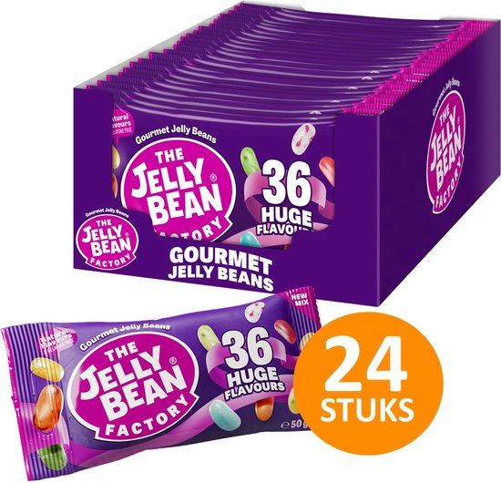 The Jelly Bean Factory doos met 24 uitdeel zakjes jelly beans snoep voor kinderen - Traktatie uitdeelcadeautjes - 36 verschillende smaken- Zakjes à 50 g snoepgoed - Cadeau - Snoepjes
