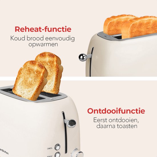 KitchenBrothers Retro Broodrooster - Toaster - 6 Warmteniveaus - 2 Extra Brede Sleuven - 815W - Beige - KitchenBrothers