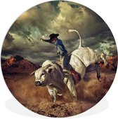 WallCircle - Wandcirkel ⌀ 30 - Een cowboy op een stier - Ronde schilderijen woonkamer - Wandbord rond - Muurdecoratie cirkel - Kamer decoratie binnen - Wanddecoratie muurcirkel - Woonaccessoires