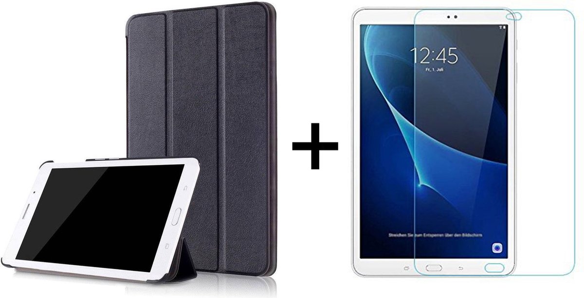 Samsung Tab A 10.1 Inch Hoes Zwart Hoesje - Tri Fold Tablet Case - Smart Cover- Magnetische Sluiting - Samsung Galaxy Tab A - 1x Samsung Tab A 10.1 Screenprotector Screen Protector