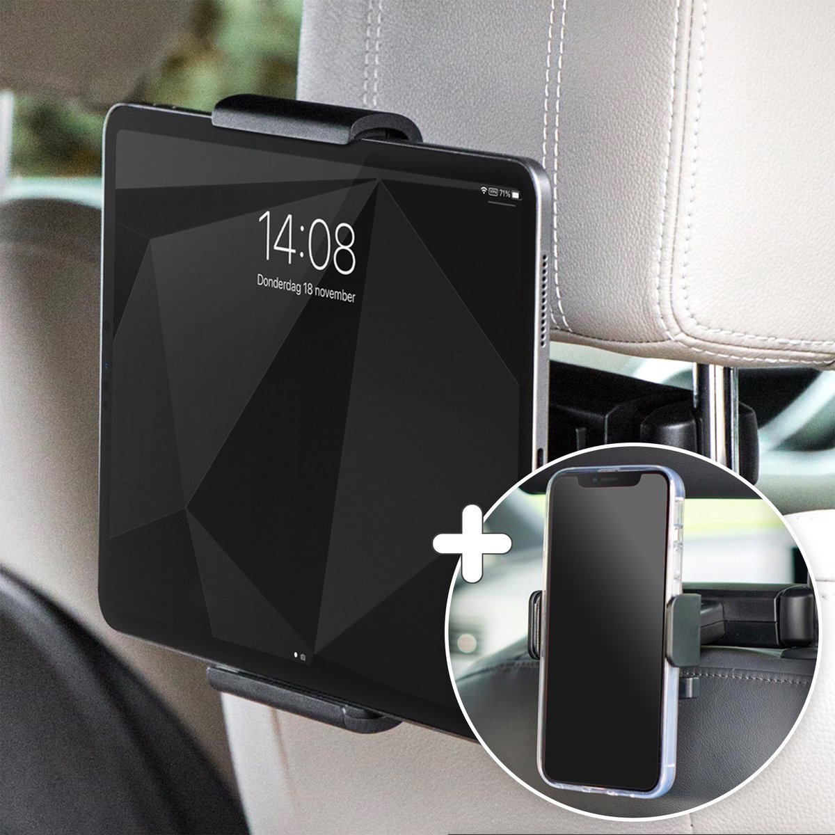 iMoshion Universele Tablet houder auto - Telefoonhouder auto - 2 in 1 - Verstelbaar - iPad houder - Auto Accessories - Hoofdsteun - Zwart