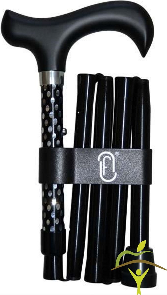 Finna wandelstok plooi- en verstelbaar, zwart houten handvat, speciale afwerking- leder, aluminium, antiblok systeem