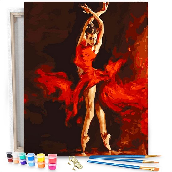 Peinture par numéro complète d'une danseuse en robe rouge, incluant peinture, pinceaux et système de suspension.