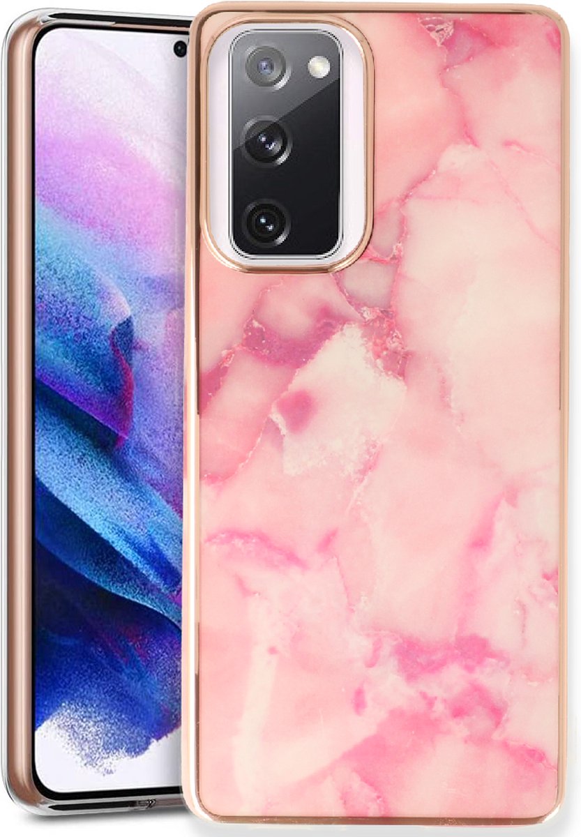 Casemania Hoesje Geschikt voor Samsung Galaxy S20 FE Roze - Siliconen Marmer Back Cover
