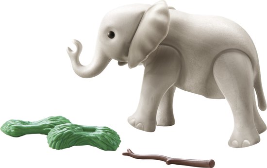 Grijze Playmobil babyolifant met bruine tak en twee groene struikjes.