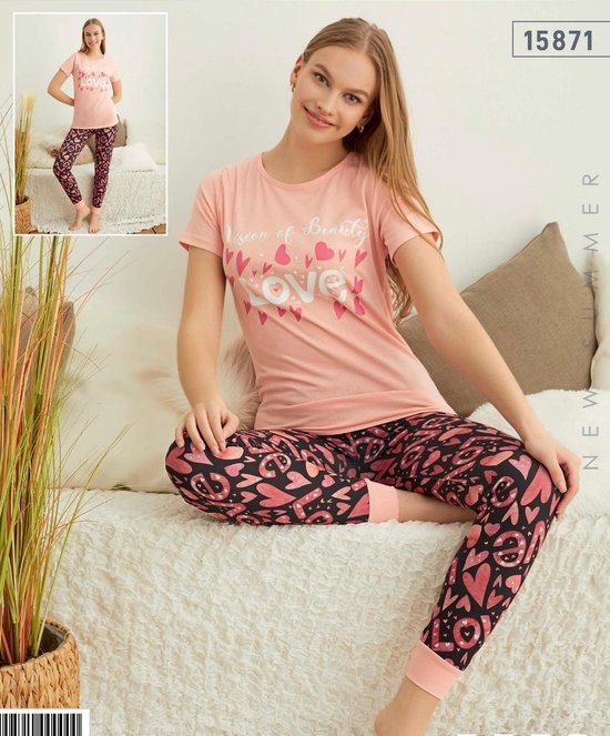 Pyjama - Homesuit 2 pièces - Pyjama femme adulte - 100% coton casual wear - Fashion Home&Sleep Wear 15871 - Rose/corail - Taille/ S