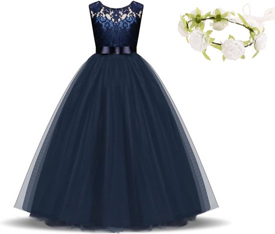 Robe de communion robe de demoiselle d'honneur robe de mariée bleu foncé 158-164 (160) robe de princesse robe de soirée + guirlande de fleurs