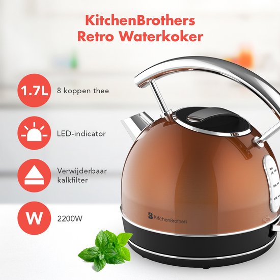 KitchenBrothers Elektrische Waterkoker - Retro - 1,7 L - LED-indicator - 2200W - RVS - Koper