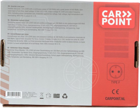 Doos van de Carpoint omvormer met productinformatie en Type F stopcontact symbool.