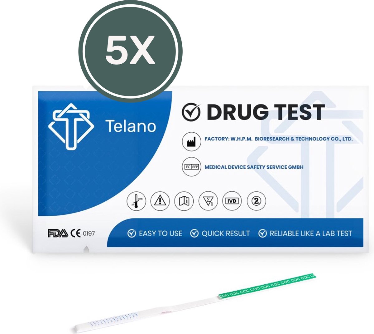 Goedkoopste Telano Drugstest Cocaïne 5 stuks - Drugtest Urine COC Strip