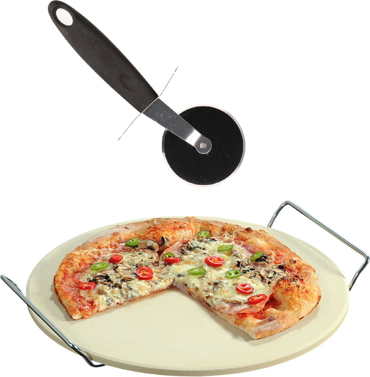 Keramieken pizzasteen rond 33 cm met handvaten - Met pizza snijder 19 cm - BBQ/oven pizza stone
