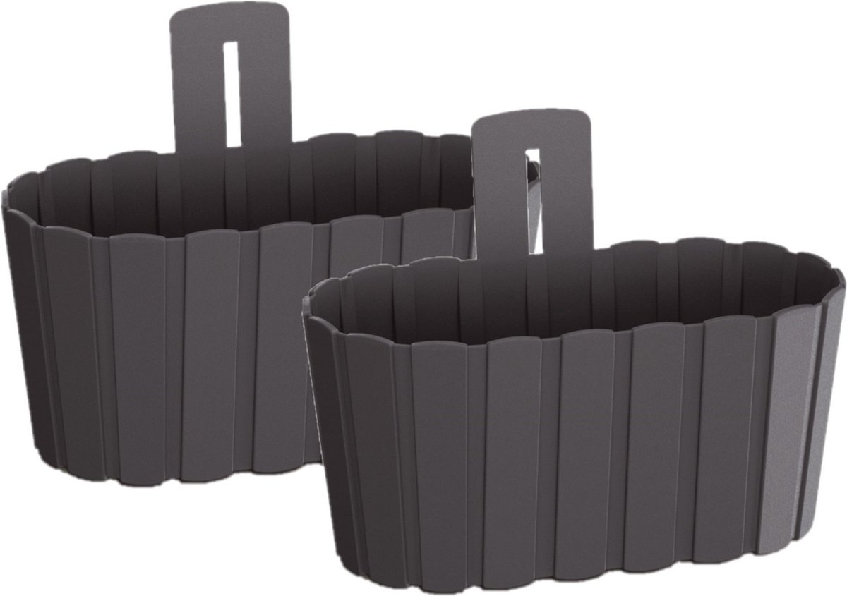 Prosperplast Muur plantenpot - Set van 2x stuks - houtlook - kunststof - 27x15 cm - antraciet - binnen/buiten - bloempot