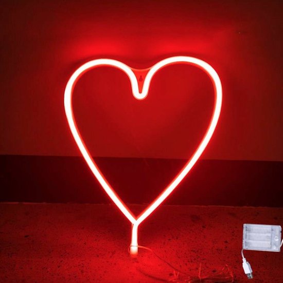 Lampe néon - Coeur - Rouge - 37,5 x 29 cm - Incl. 3 piles AA - Applique -  Lampe enfant | bol