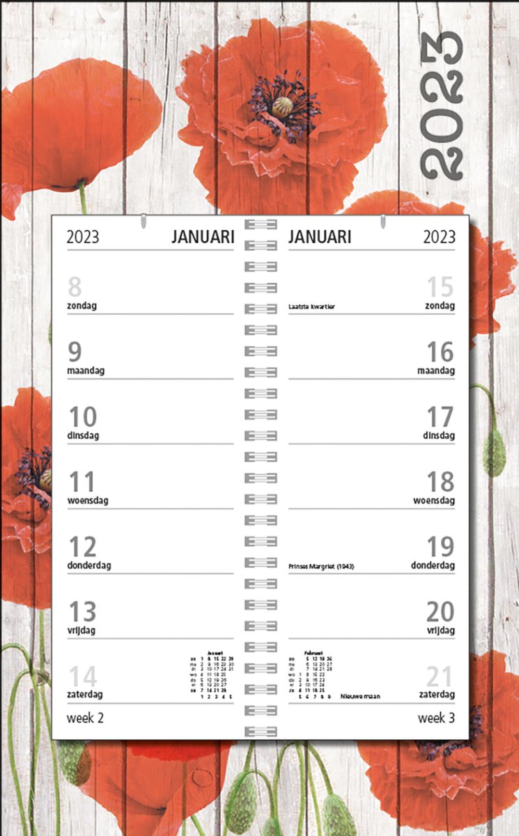 MGPcards - Omleg-weekkalender 2023 - Week begint op Zondag - Bloemen - Rood