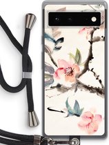 Case Company® - Hoesje met koord geschikt voor Google Pixel 6 hoesje met Koord - Japanse bloemen - Telefoonhoesje met Zwart Koord - Bescherming aan alle Kanten en Over de Schermrand