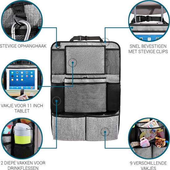Vannons - Autostoel Organizer - Auto Organizer voor Kinderen - Met iPadhouder - Grijs