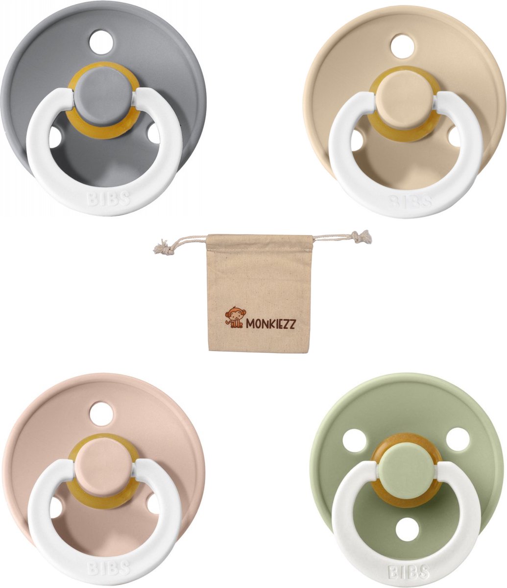 Goedkoopste Bibs fopspenen maat 2 6-18 maanden| Set 4 stuks| Glow Cloud, Vanilla, Blush, Sage Monkiezz speenzakje