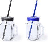 6x stuks Glazen Mason Jar drinkbekers met dop en rietje 500 ml - 3x zwart/3x blauw - afsluitbaar/niet lekken/fruit shakes