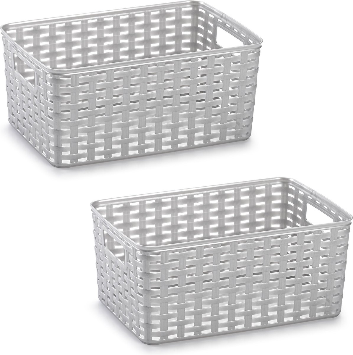2x Zilveren geweven opbergboxen/opbergdozen/opbergmanden kunststof - 10 liter - opbergen manden/dozen/bakken - opbergers