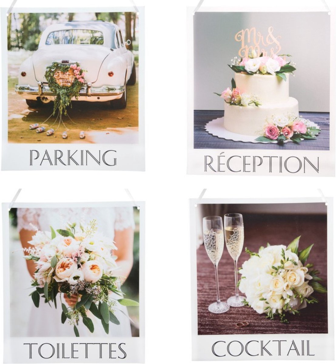 Set met 4 decoratie borden met de teksten Parking Reception Cocktail en Toilettes - trouwen - huwelijk - bruidspaar - trouwartikelen - feest - party