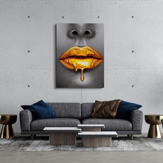 Luxe Canvas Schilderij Gold Lip | 40x60 | Woonkamer | Slaapkamer | Kantoor | Muziek | Design | Art | Modern | ** 4CM DIK! 3D EFFECT**