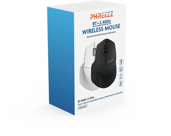 Verpakking van Phreeze draadloze muis, met afbeeldingen van een witte en zwarte muis.