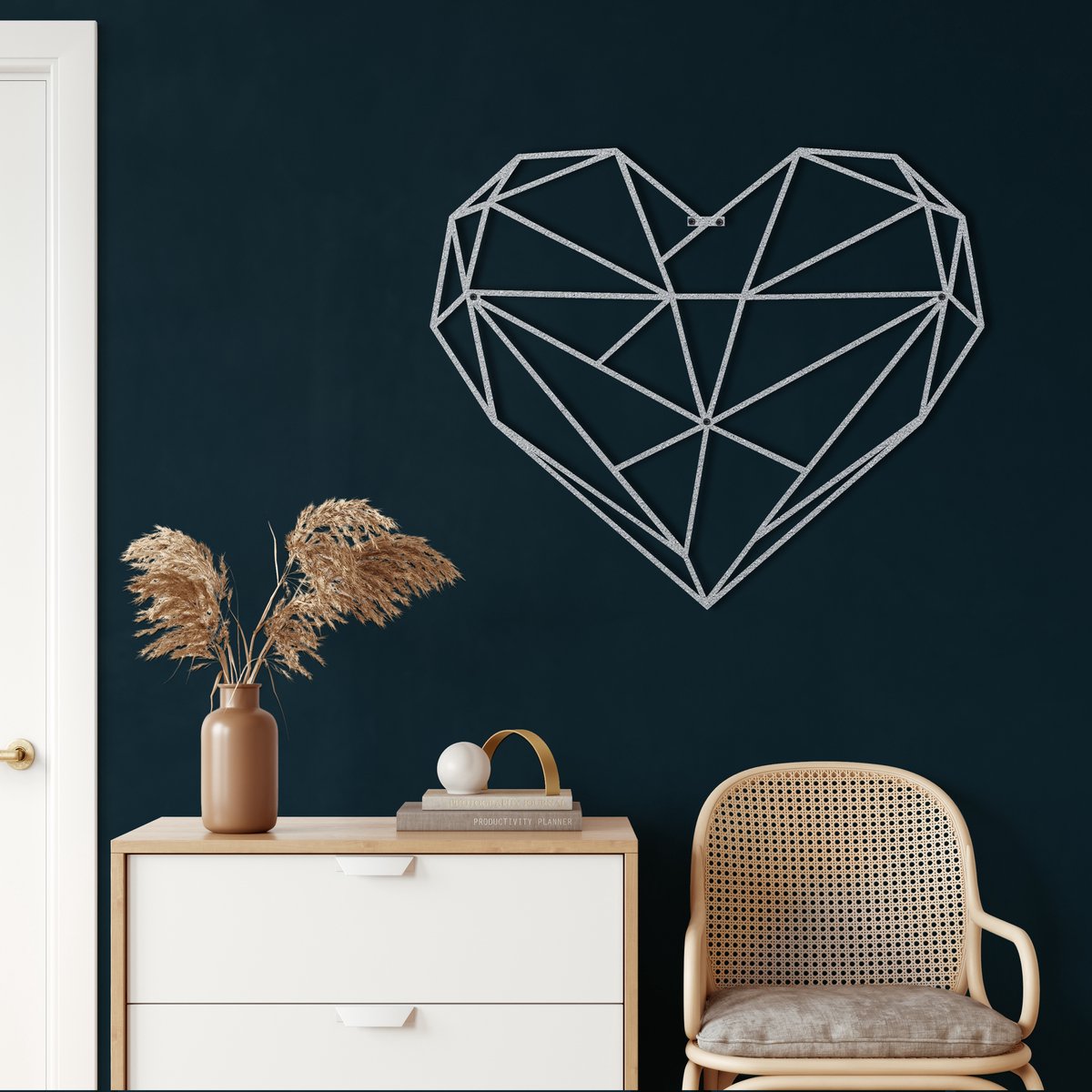 Wanddecoratie |  Geometrisch Hart / Geometric Heart| Metal - Wall Art | Muurdecoratie | Woonkamer |Zilver| 76x63cm