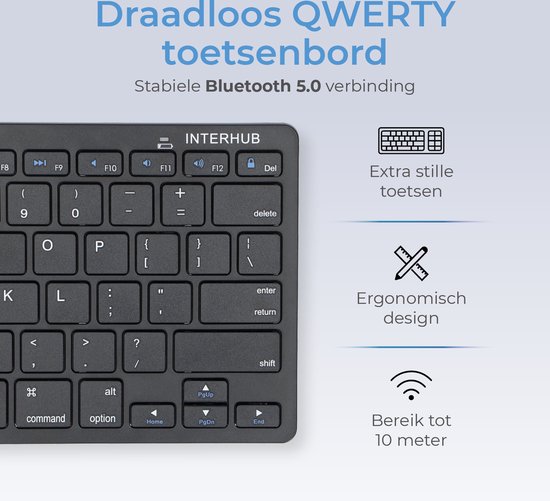 Draadloos Bluetooth Toetsenbord - Wireless Keyboard - Ergonomisch Design met stille toetsen - Zwart - Premium Kwaliteit - Interhub